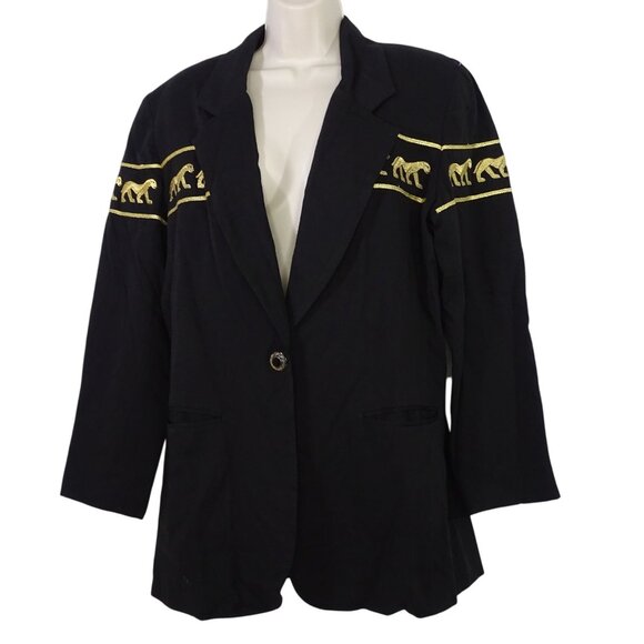 Vtg Stephanie Queller Black Blazer Jacket Women Size 10 Embroidered Rayon Wool - Picture 1 of 11